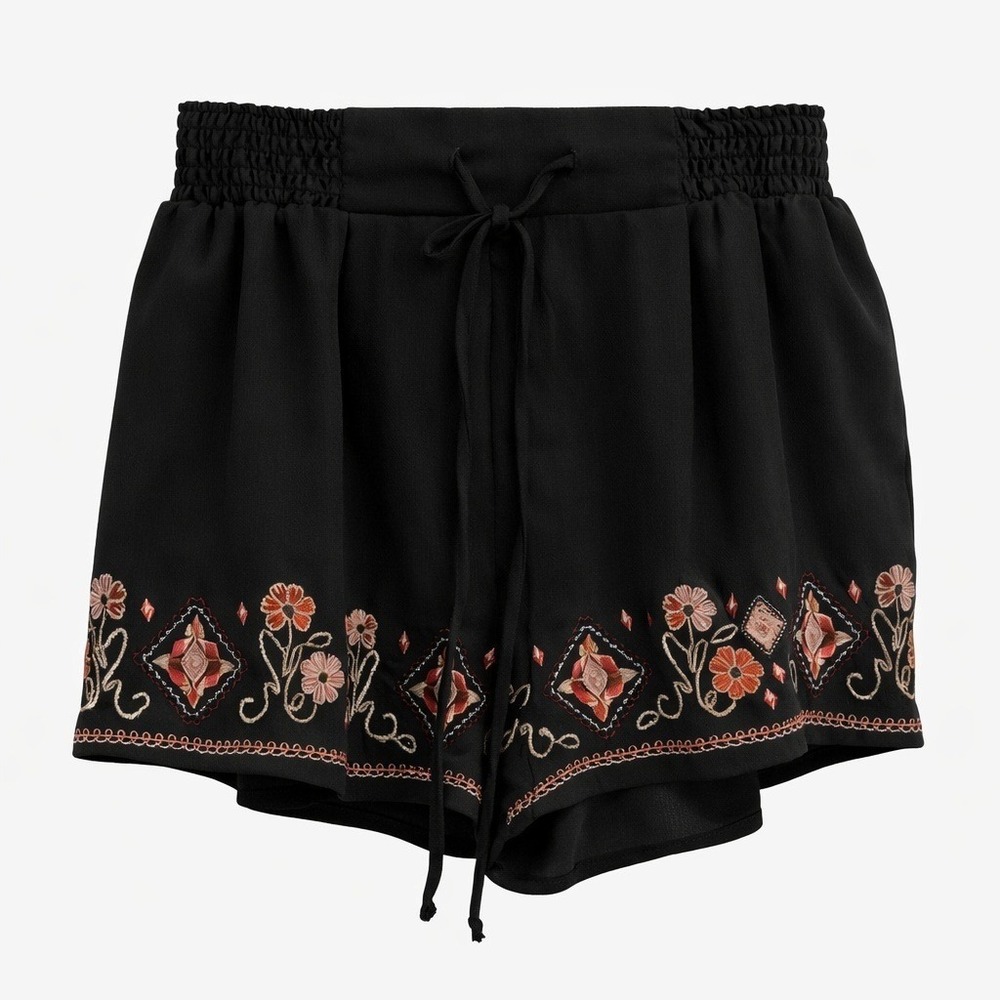 Boho Embroidered Black Shorts‎ Smocked Waist Pull On Festival Small